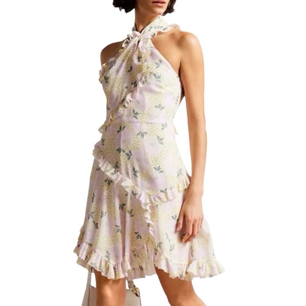 Ted Baker Suttonn Twist Neck Mini A-line Floral Ruffle Cocktail Dress Sz 16 NWT